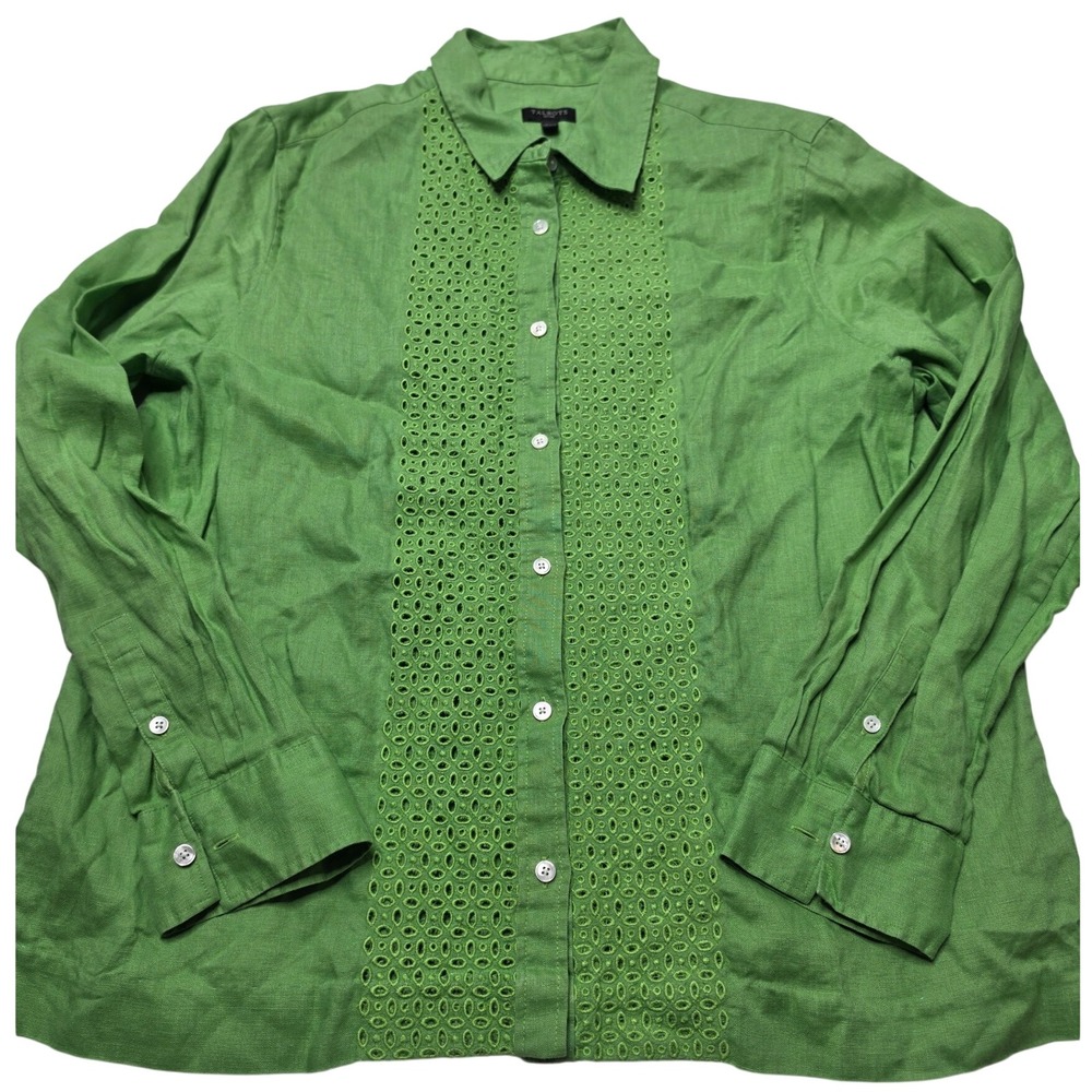 Talbots Petites Green 100% Linen Eyelet Lace Front Button Down Shirt LP